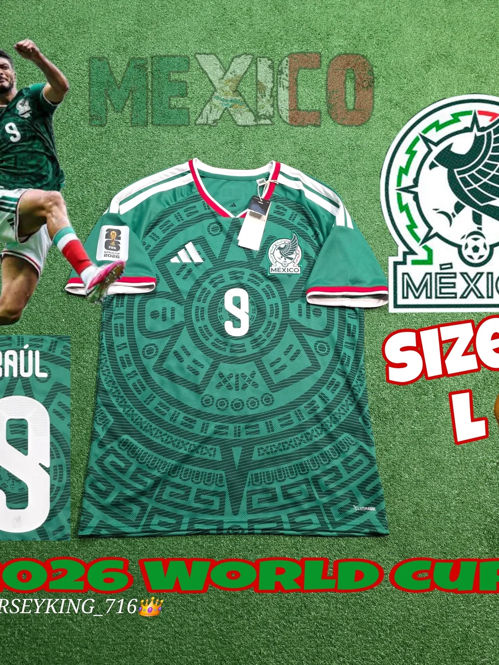 Adidas Mexico National Team Raul Jimenez #9 2026 World Cup Home Jersey Large